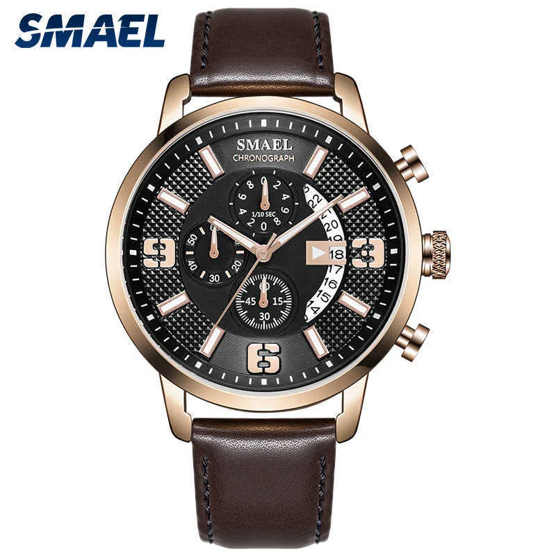 Smael Nouvelle Mode Hommes Montres Marron Quartz Montres 30 m Étanche Sl-9078 Cadeau Sport Bande De Cuir Montres Hommes Montre Homme Q0524