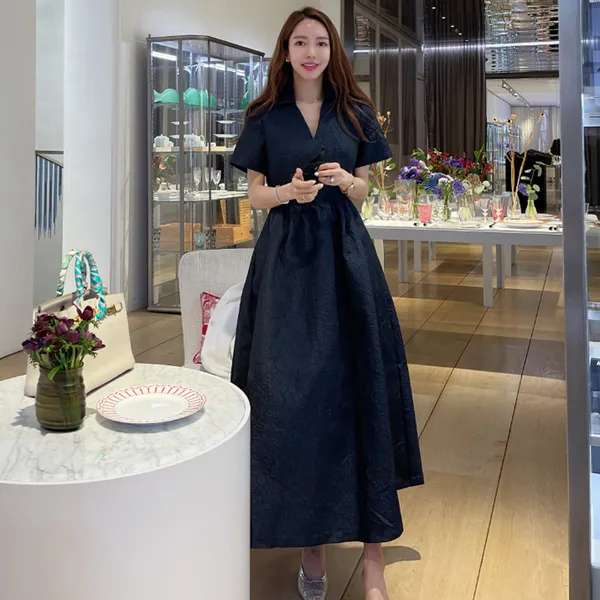 High End Womens Office Navy Midi Dress With Belt And Swing