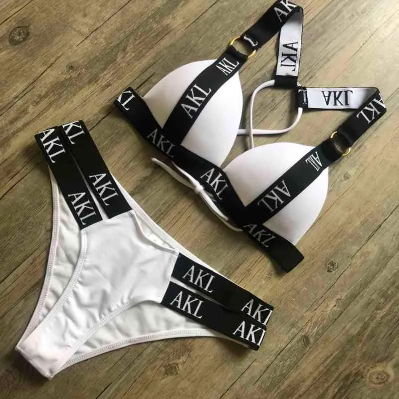 Sexy 2021 bikini set Letter print swimsuit female push up Bandage black swimwear women Biquini Swimming bathing suit Bather