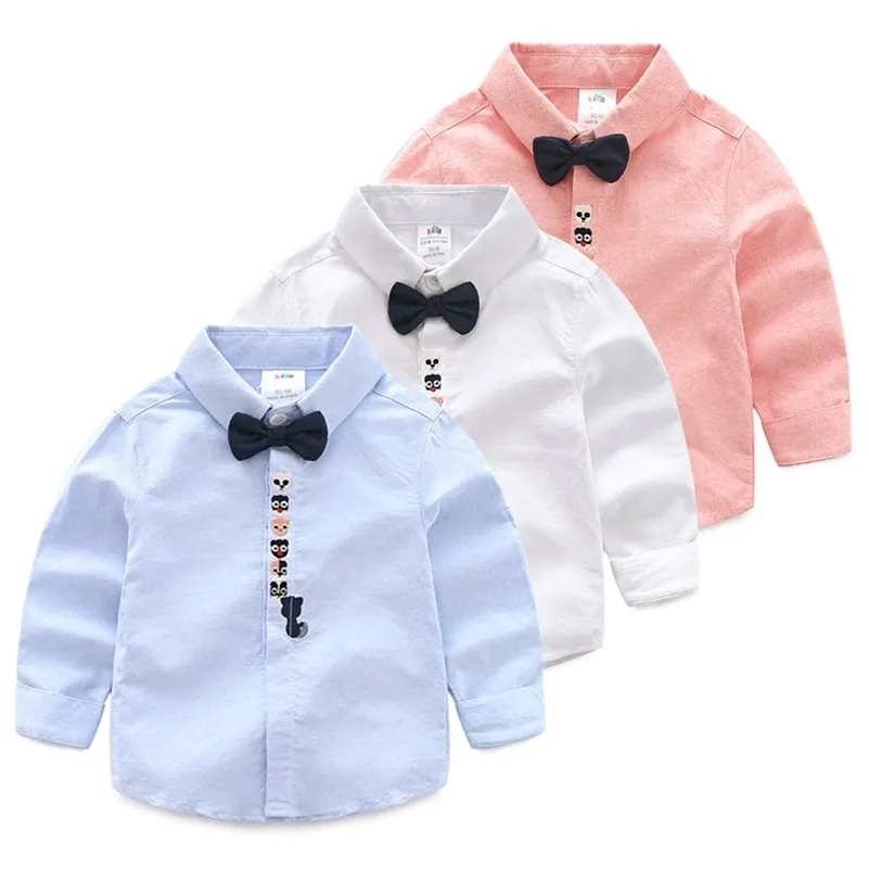 Primavera Autunno 2 3 4 6 8 10 Anni Bambini Cotone bianco Manica lunga Collo rovesciato Fiocco Camicie belle per bambini Neonati maschi 210701