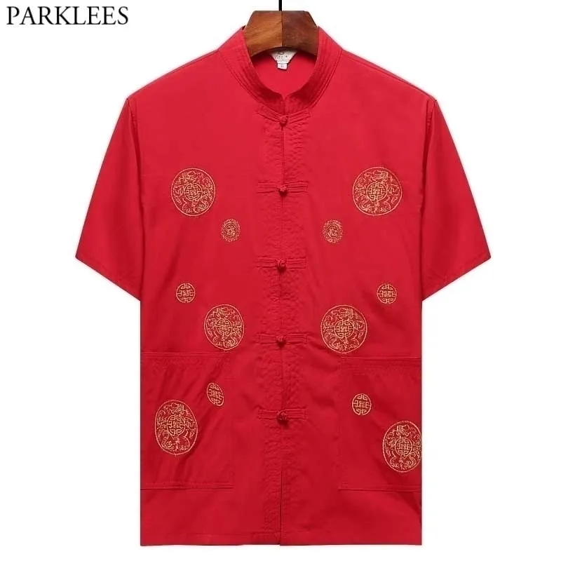 Vermelho Chinês Tradicional Estilo Camisa De Linho Men Colar Bordado Tang Camisa Manga Curta Tai Chi Wushu China Camisa Camisa 210522