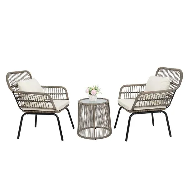 Garden Sets 3-Piece Patio Wicker Conversation Bistro Set with 2 Chairs Glass Top Side Table & Cushions Tan