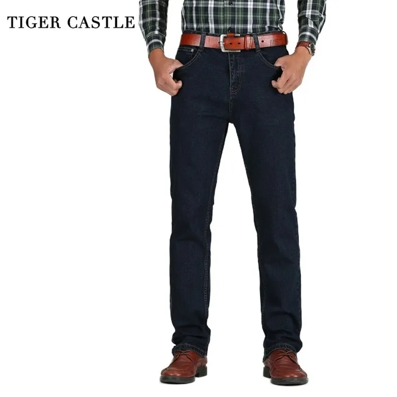 Tiger Castle Mens High Taille Jeans Coton Coton Classique Stretch Bleu Blue Bleu Denim Pantalon Spring Automne Hommes Pantalons 210716