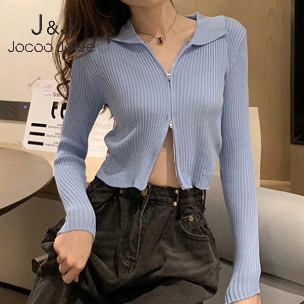 Joloo jolee moda preto com nervuras zip-up cardigans casual colarinho colarinho manga comprida suéter outono sexy tops colhido tricô 210518