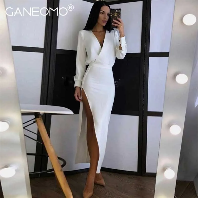 Elegant Long Sleeve White Bodycon Dress for Women Slit Sexy Party Evening Maxi Dresses Red Christmas Festival Clothing 220120