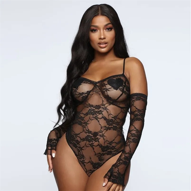 Moda Mesh Koronki Body Seksowne Body Kobiety Spaghetti Paski Przezroczyste Body Bez Rękawów Bralette Black Romper Top 210517