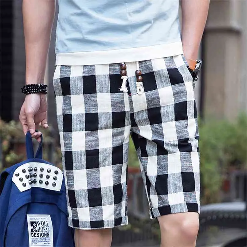 Summer Men's Bermuda Casual Shorts Loose Straight Cotton Beach Plaid Short Pants Male Brand 210629