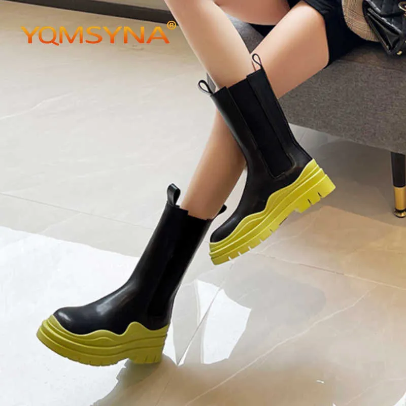 YQMSYNA Mode enkellaarzen lederen dikke bodem antislip gemengde kleuren laarzen Comfortabele ronde teen kantoor dame schoenen W01 210911