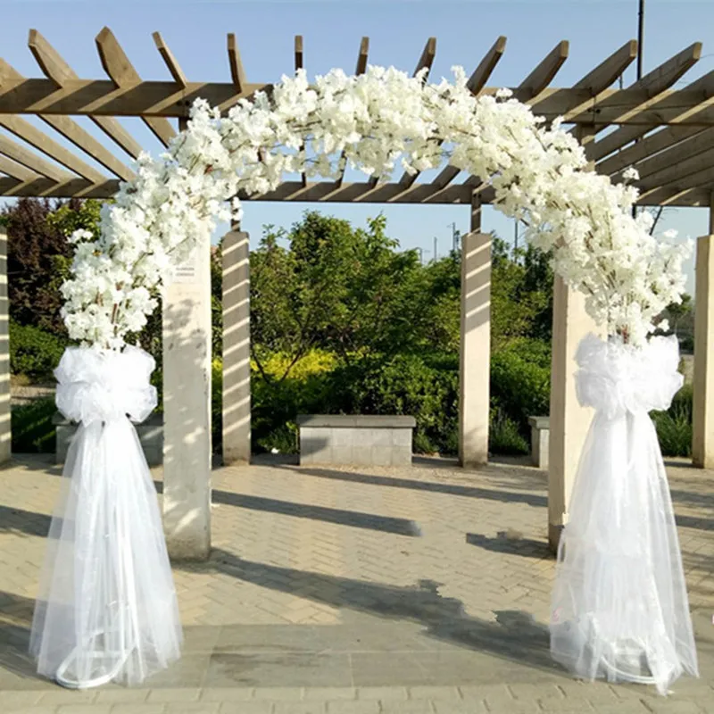 Wedding Decor Centerpieces Metal Frame with Cherry Blossoms Chiffon Set Arch Happiness Door For Shopping Mall Opening Party Decoration