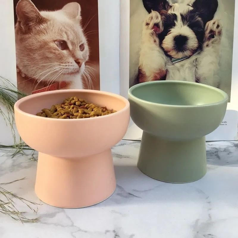 Husdjur katt keramik skål klassisk livmoderhälsa skyddskål hög bas vatten matmatare för valp kattunge husdjur mata skålar y200922
