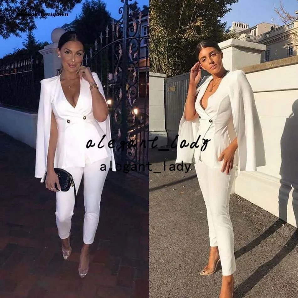 White Stain Mother Pant Suit with Cape 2022 Sexy V-neck Blazer Double Breasted Mother of the Bride Dresses Party Evening Suits