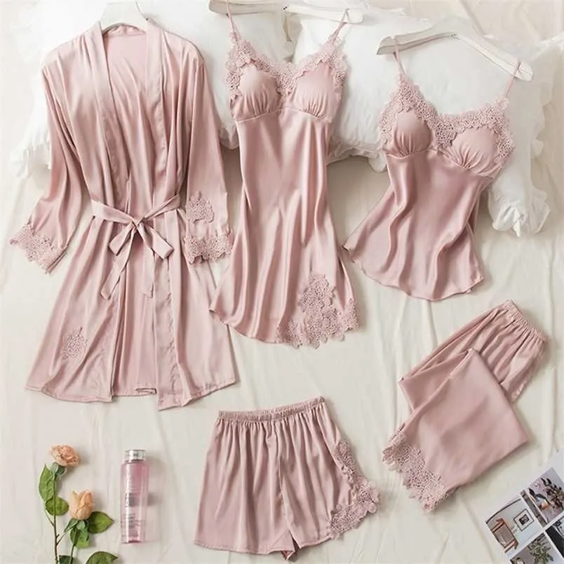 5pcs Pink Silk Robe Sleep Suit Womens Lace Satin Pajamas Gown Set V-Neck Cami Nighties Wear Pijama Home Nightwear Spring Pyjamas 211211