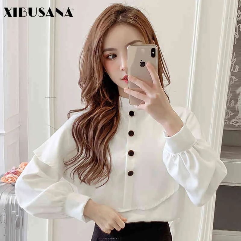 Blouses for Women Solid Vintage Spring Lantern Sleeve Ruffles Splicing Loose Stand Collar Chiffon Shirt Tops Female 210423