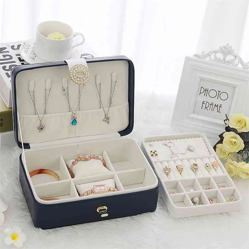 Double-layer Jewelry Storage Box PU Leather Large-capacity Earrings Necklace Display Ring Girl Cosmetics Beauty 210423