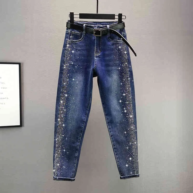 Denim Pants Jeans Woman Autumn Women Ins Fashion Bling Rhinestone Female Haroun pants Trousers A3739 210428