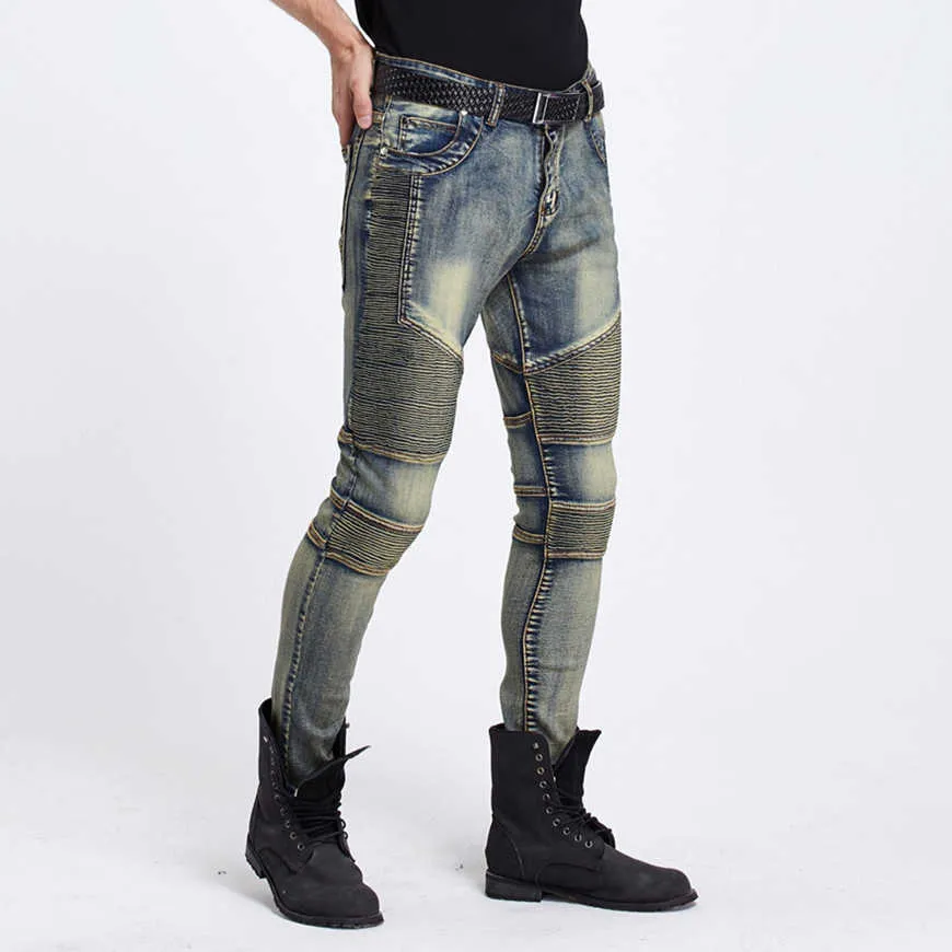 Wholesale retail Mens Skinny jeans men new brand Runway slim elastic denim Biker jeans hiphop motorcycle Cargo pants X0621