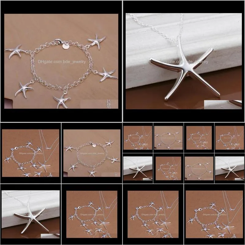 high quality 925 silver starfish pendant necklace bracelet and earrings charm jewelry set women 5set factory dff0729