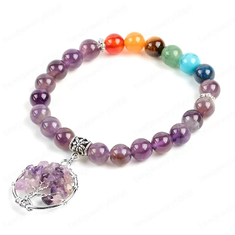 Bracelets en cristal de Quartz violet naturel, améthys, perles Chakra, puces en pierre précieuse, pendentif arbre de vie, bijoux à breloques, 8mm