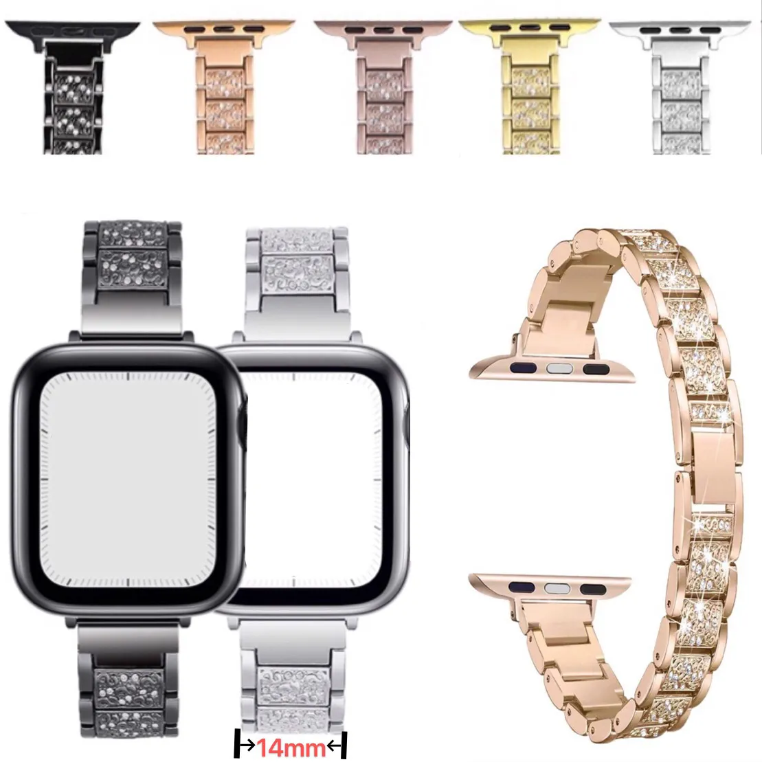 Studded Diamond Metal Strap For Apple Watch 44mm 42mm 40mm 38mm bands Stainless Steel Bracelet Women Wristbands iwatch Series 6 5 4 SE Watchbands Smart Accessories