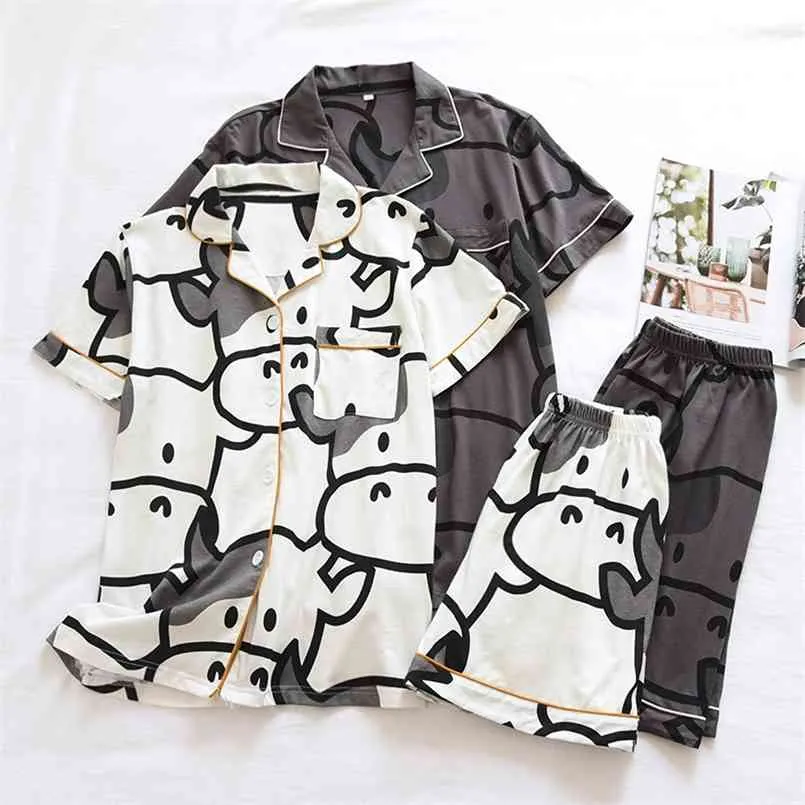 summer couple pure cotton short-sleeved shorts pajamas two-piece cute calf female loose simple home service set male 210809