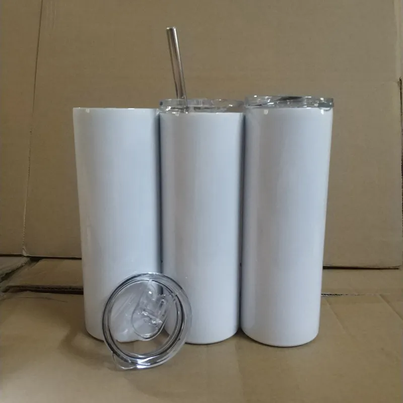 20 oz Kahve Kupa Süblimasyon Düz Tumbler Silindir Seyahat Kupalar Çift Duvar Skinny Beyaz Boşlukları Plastik Saman Ile Su Şişeleri