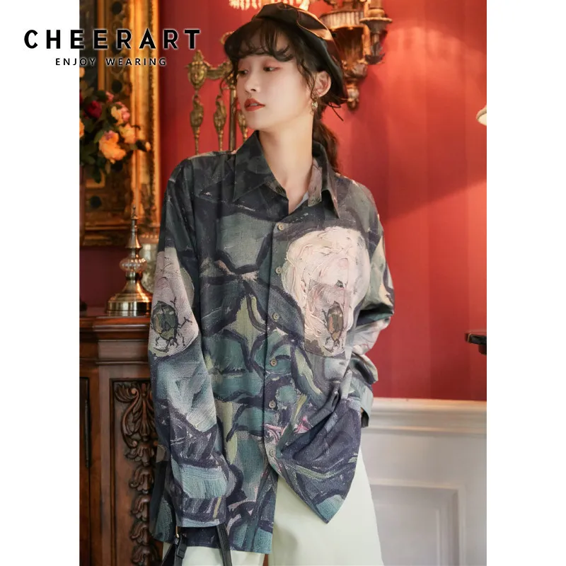 Outono pintura verde manga comprida blusa mulheres botão para cima camisa solta impressão floral moda vintage top wall roupas 210427
