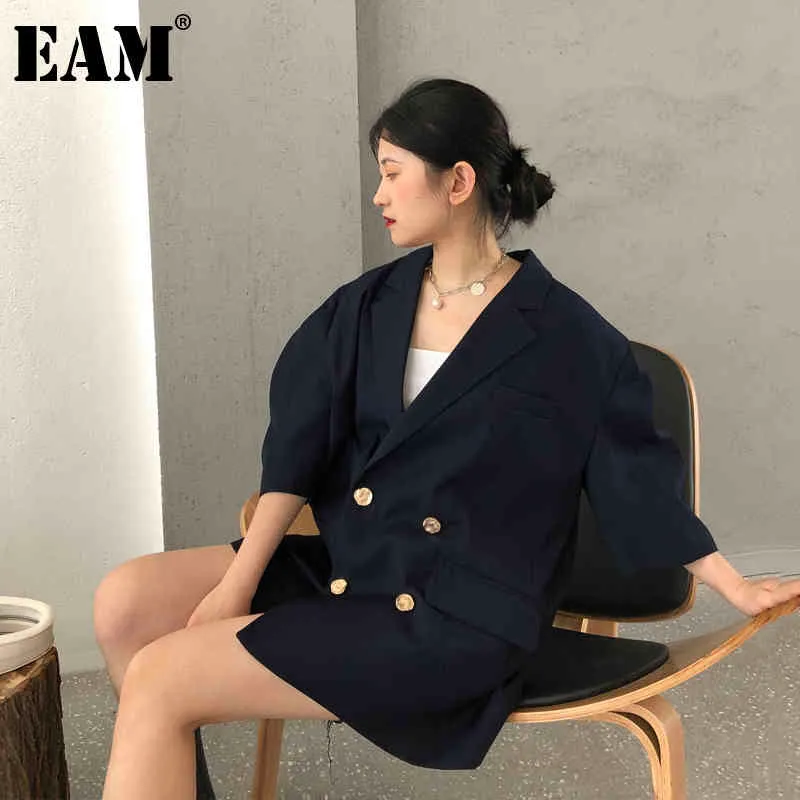 [EAM] femmes bleu foncé grande taille Double boutonnage Blazer revers trois-quarts manches veste mode printemps automne 1DD6466 21512