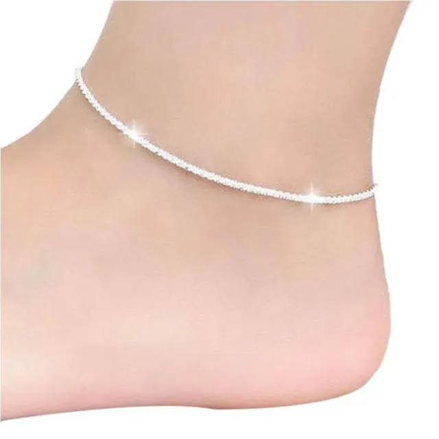 Tunna 925 stämplade silverpläterade glänsande kedjor anklet för kvinnor tjejer vän fot smycken ben armband barfota