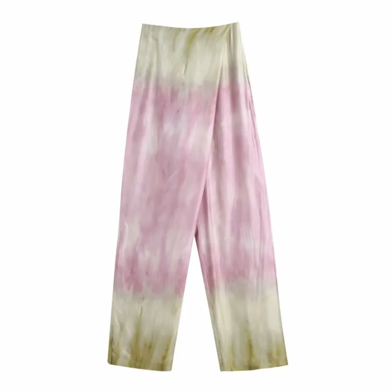 Printemps Femmes Tie Dye Impression Satin Cross Pantalon Casual Lady Pantalon Lâche P 210430