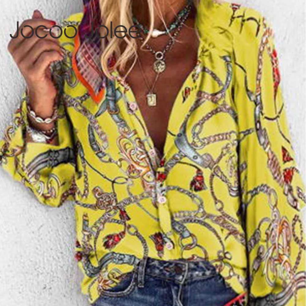 Rahat Bahar Yaz Uzun Kollu Bluz Kadın Vintage Zincir Baskı Gevşek Gömlek Artı Boyutu 5XL Tek göğüslü Tunik 210619 Tops