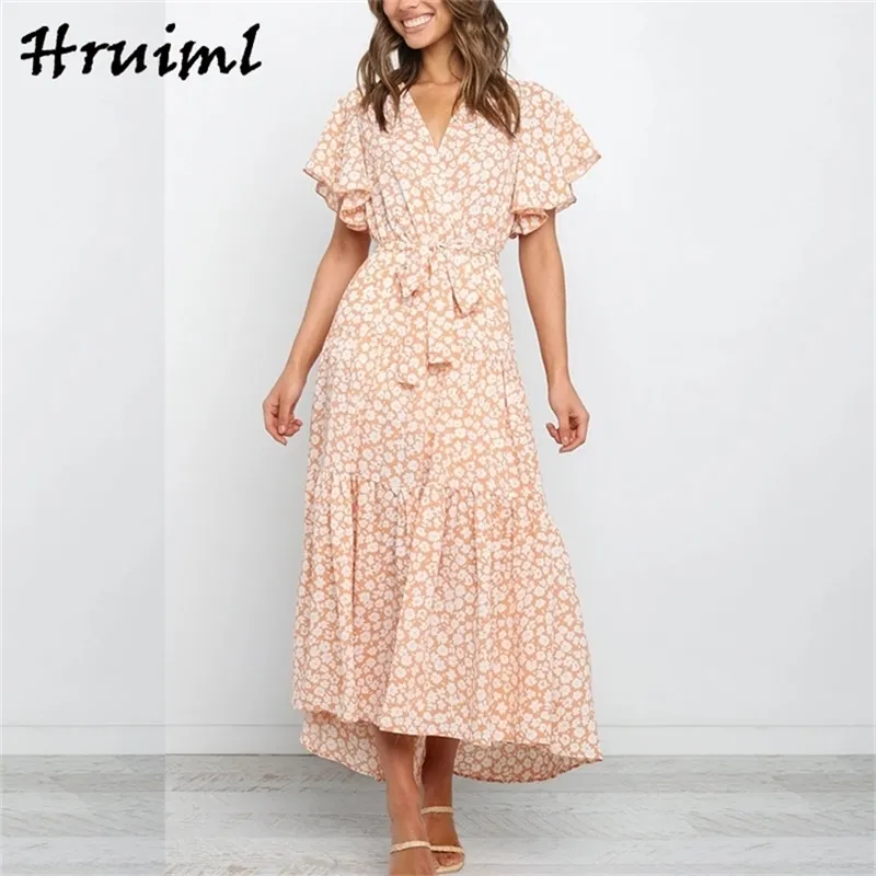 Ankomst Kvinnor Klänningar Kortärmad Strappy Floral Printing Midlängd Ruched Dress V Neck Casual Party Vestidos Largos 210513