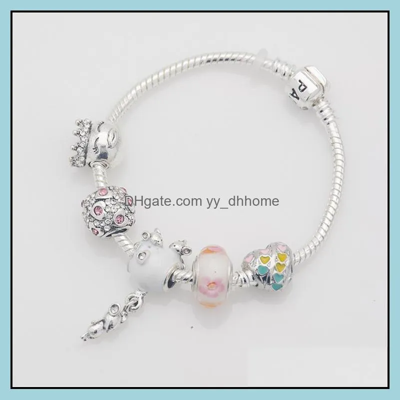 Charm Bracelet 925 Silver Bracelets For Women Royal Crown Beads butterfly and owl and flower charms Diy Jewelry christmas gift18-21CM