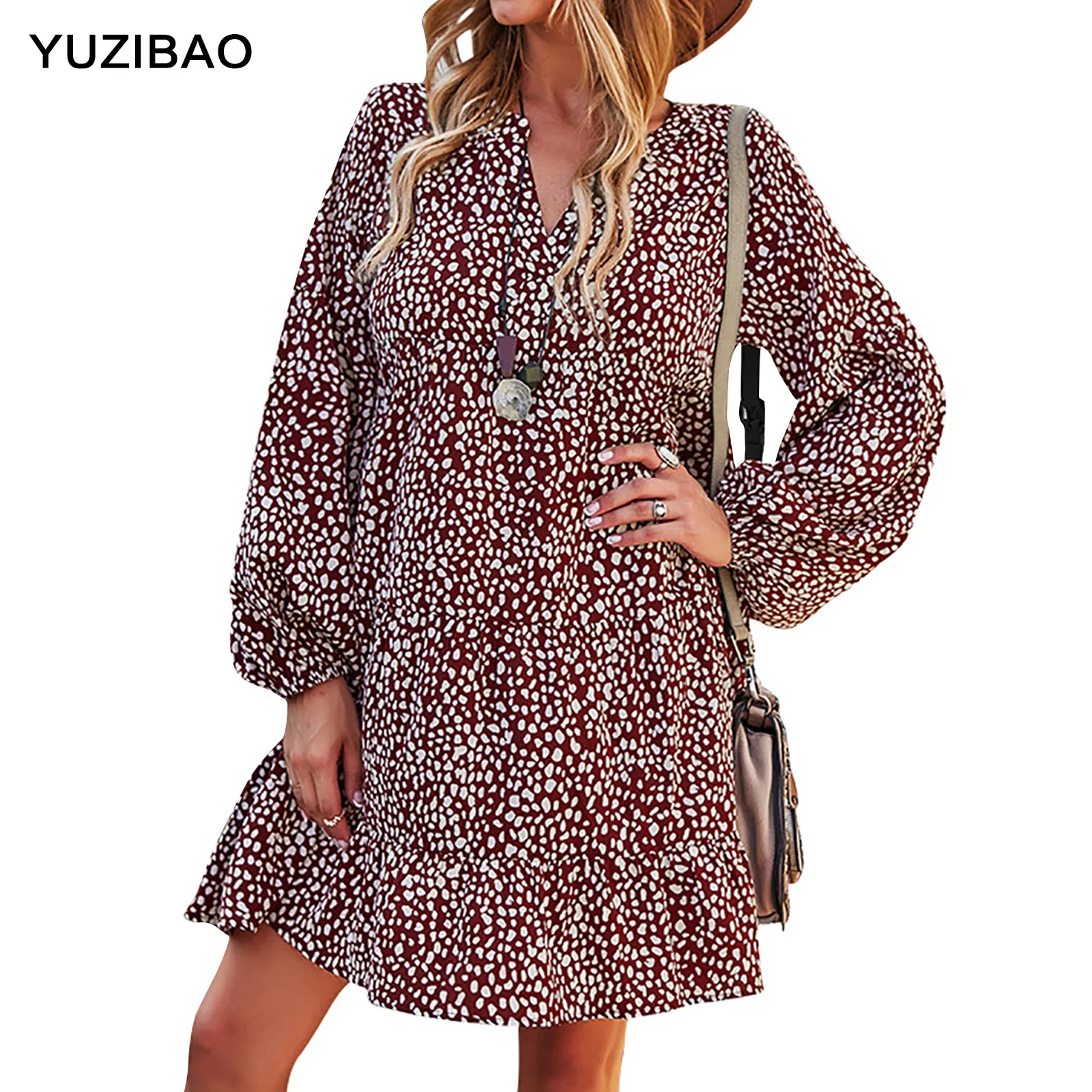 Yuzibao nova moda sexy mulheres manga longa vestido v pescoço babydoll plissado vestido