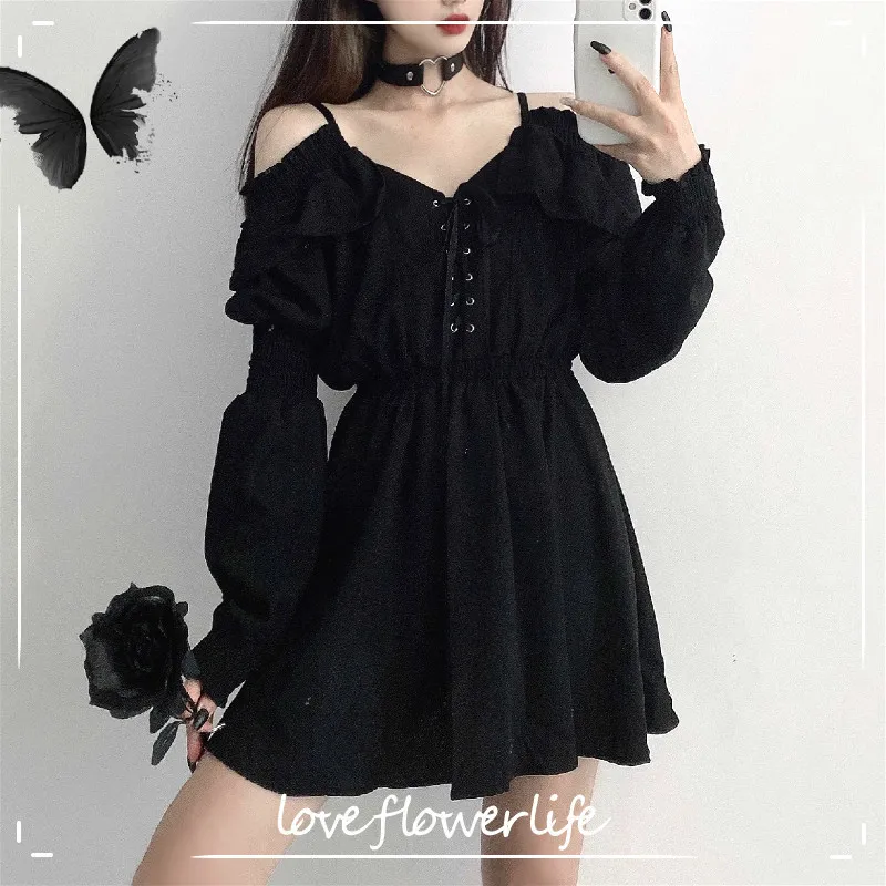 Little Black Lace Dress: Gothic Mini Dress With Long Sleeves