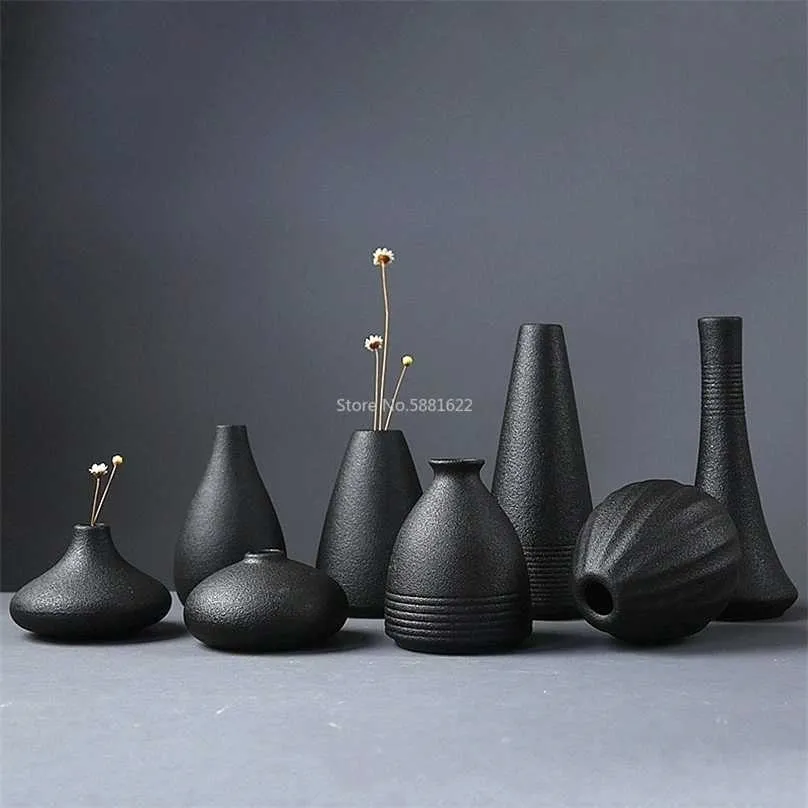 Modern 8 Style Svart Keramisk Blommarrangemang Små Vase Heminredning Tabletop Ornament Crafts 211215