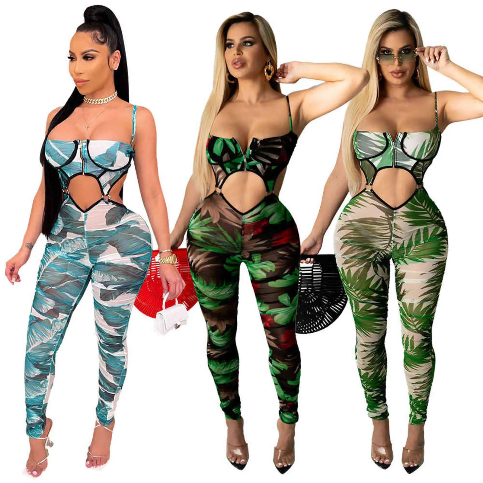 Echoine Vrouwen Sexy Mesh Rits Holle Rompertjes Halter Playsuit Club Party Bodysuit Fitness Femmes Print Jumpsuit 211116