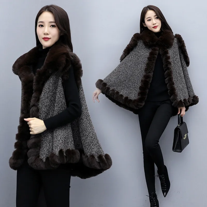 Damska Cape Luksusowa płaszcz Płaszcz Moda Trend Kobiety Jesień I Płaszcze Zimowe Fox Fur Collar Czystej kaszmiru Bez Rękawów Odzieży Outerwear