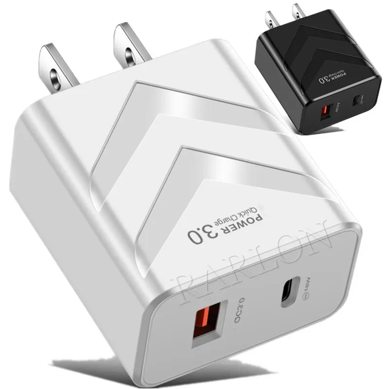 PD 20W 18W EU UK US AU Chargeur USB Type-c Double Ports Adaptateur secteur Prise QC3.0 Charge rapide Voyage Mur Chargeurs de téléphones portables