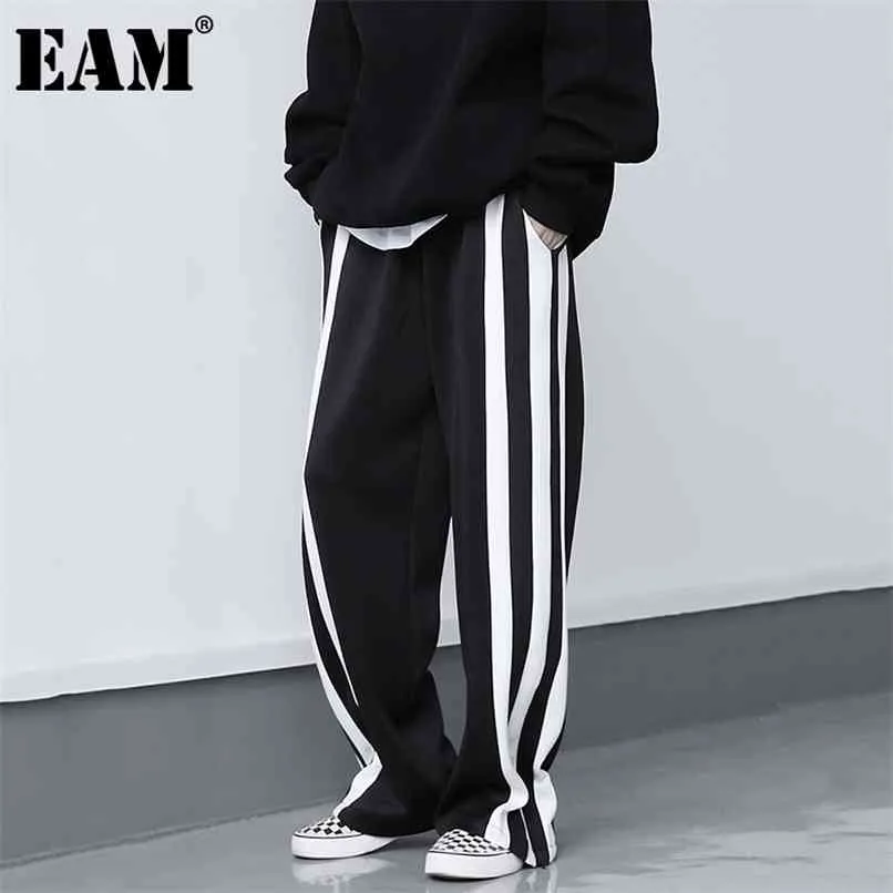 [EAM] Hoge elastische taille zwart gestreept contrast kleur broeken losse pasvorm broek vrouwen mode lente herfst 1DD0783 210915