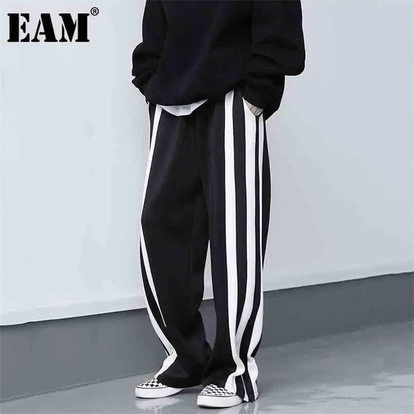 [EAM] High Elastic Waist Black Striped Contrast Color Trousers Loose Fit Pants Women Fashion Spring Autumn 1DD0783 210915