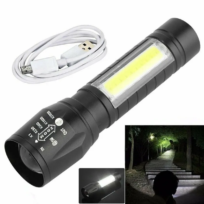 Linterna LED COB T6 portátil, impermeable, táctica, recargable por USB, para acampar, con zoom, foco, lámpara de luz nocturna