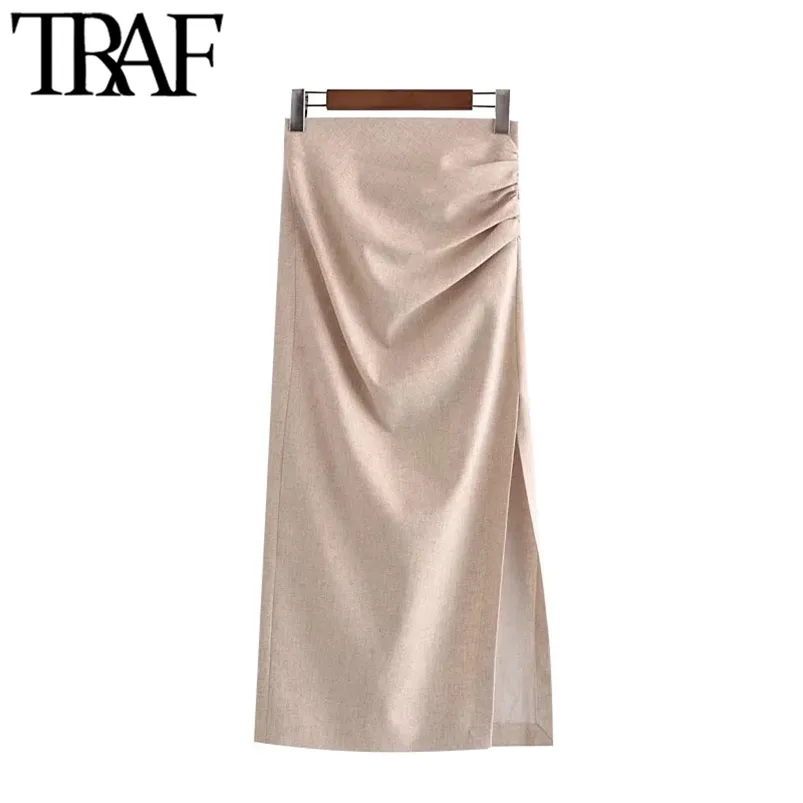 TRAF Femmes Chic Mode avec drapé Front Slit Lin Midi Jupe Vintage Taille haute Retour Zipper Femme Jupes Mujer 210721