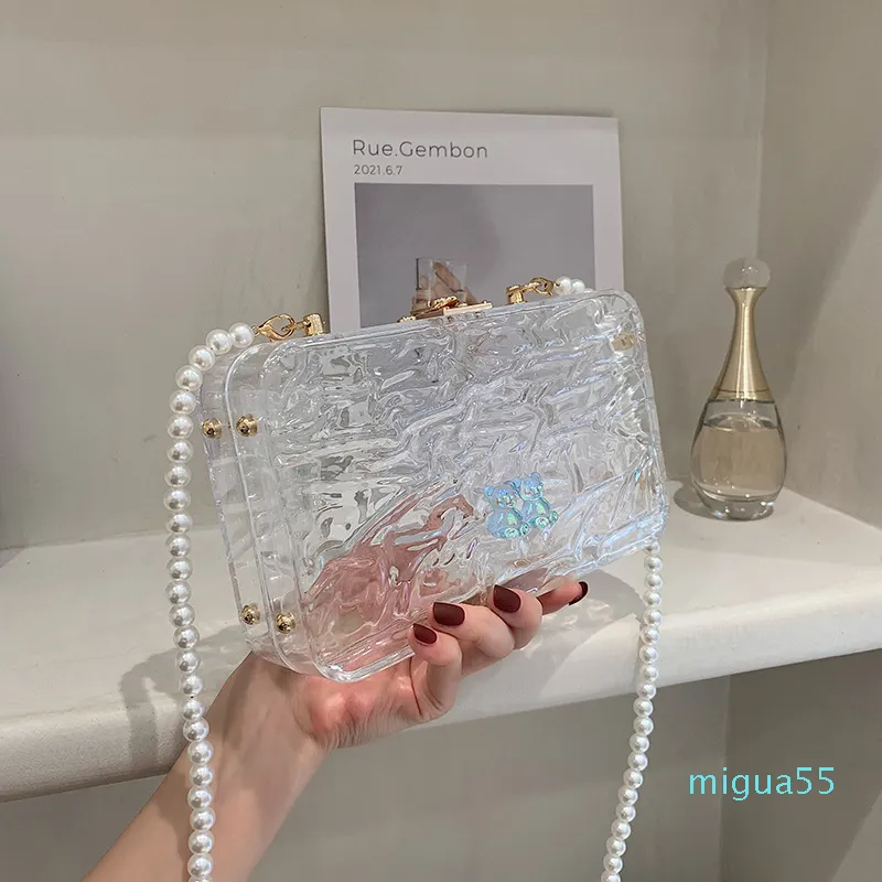 Transparent Box Acrylic Bead Chain Små Square Bag Koreansk version av Soft Girl Fashion Shoulder Crossbody Väskor