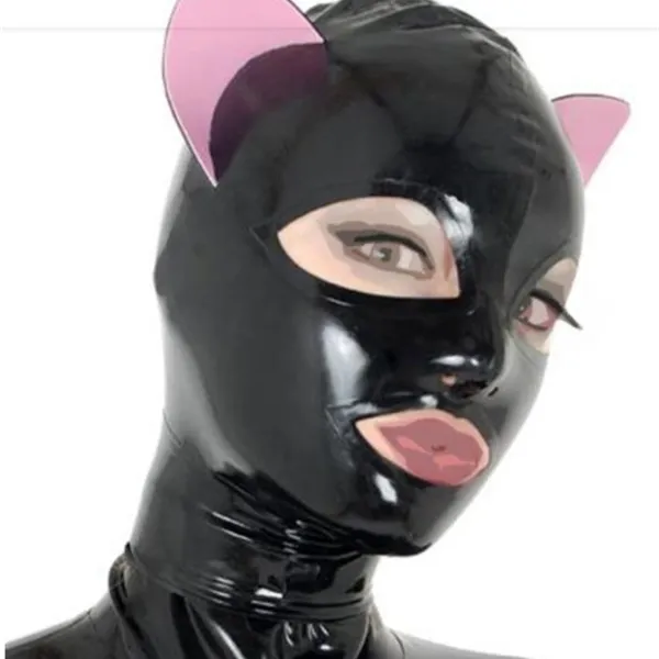 セクシーなブラックラテックス猫耳フードマスクフェチグミW