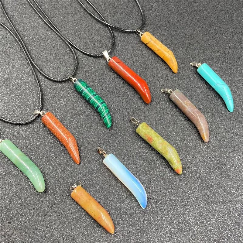 Fashion ox horn Shape Chakra Natural Stones Pendant Necklace Reiki Healing Crystal Charms for Men Women Jewelry Black Rope Chain Wholesale