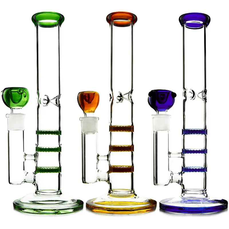 Groen Blauw Amber Waterpijpen Rechte Buis Drievoudige Honingraat Percolator Perc Kleurrijke Glazen Bongs Tonado Olie Dab Rigs 14mm Gezamenlijke Waterleidingen