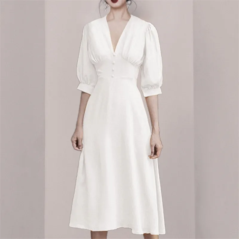 Summer Women Single Breasted Mid Calf White Dresses Elegant Korea Chic Solid Long Dress 210520