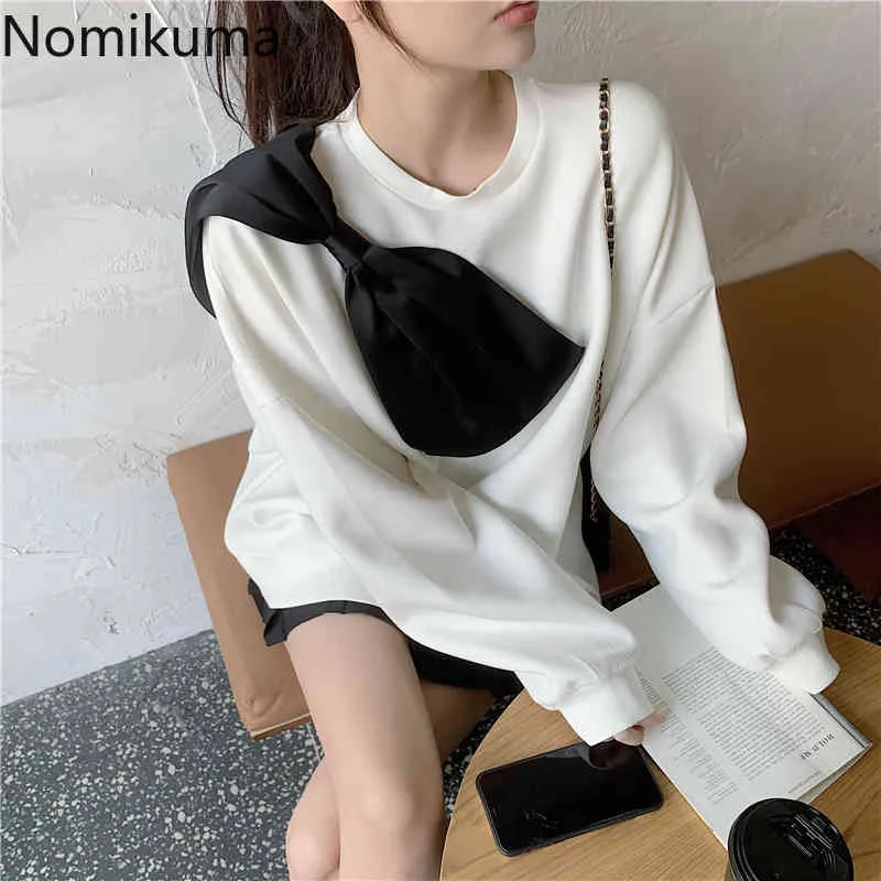 Nomikuma koreansk söt träff färg bowknot patchwork sweatshirt kausal långärmad kvinna hoodies höst vinter jumper 6c972 210427