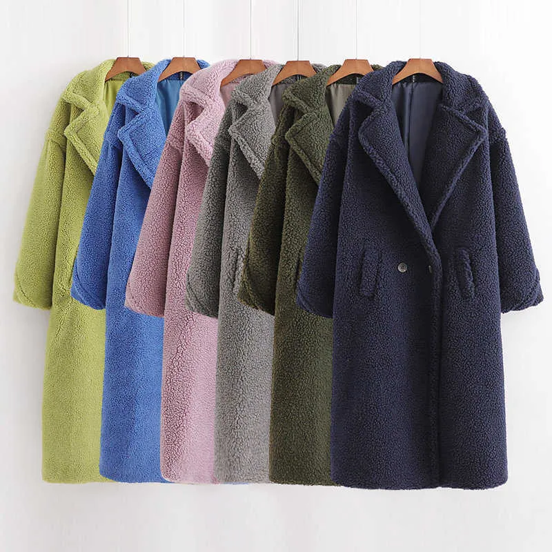 Winter Lamb Wool Loose Coat Women's Turn-down Collar Long Sleeve Casual Solid Teddy Fur Outerwear Fourrure 210607