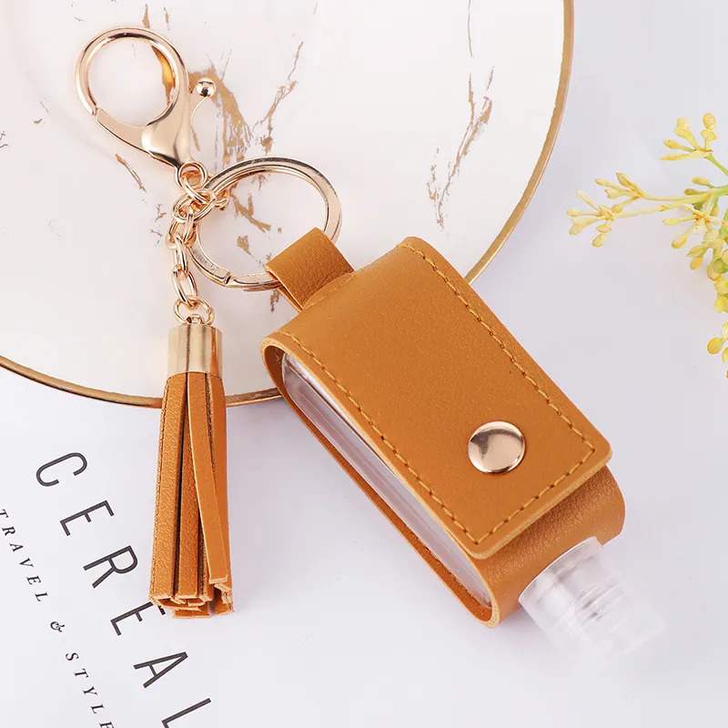 Party Favor Hand Sanitizer Holder With Bottle PU Leather Cover Tassel Keychain Portable Disinfectant Case Empty Bottles Holders Keychains